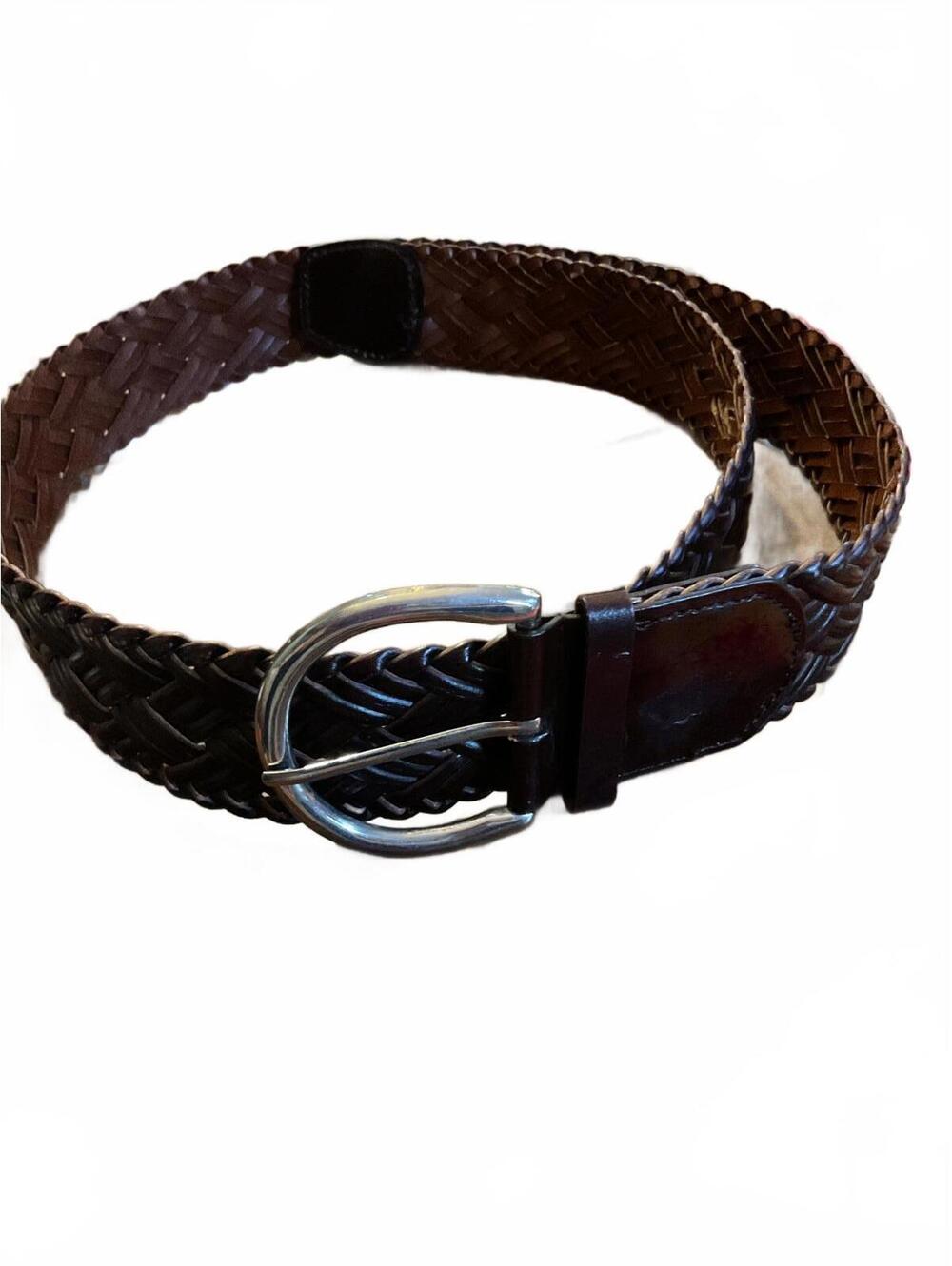 Handwoven Brown Leather Belt with Prong Buckle XL